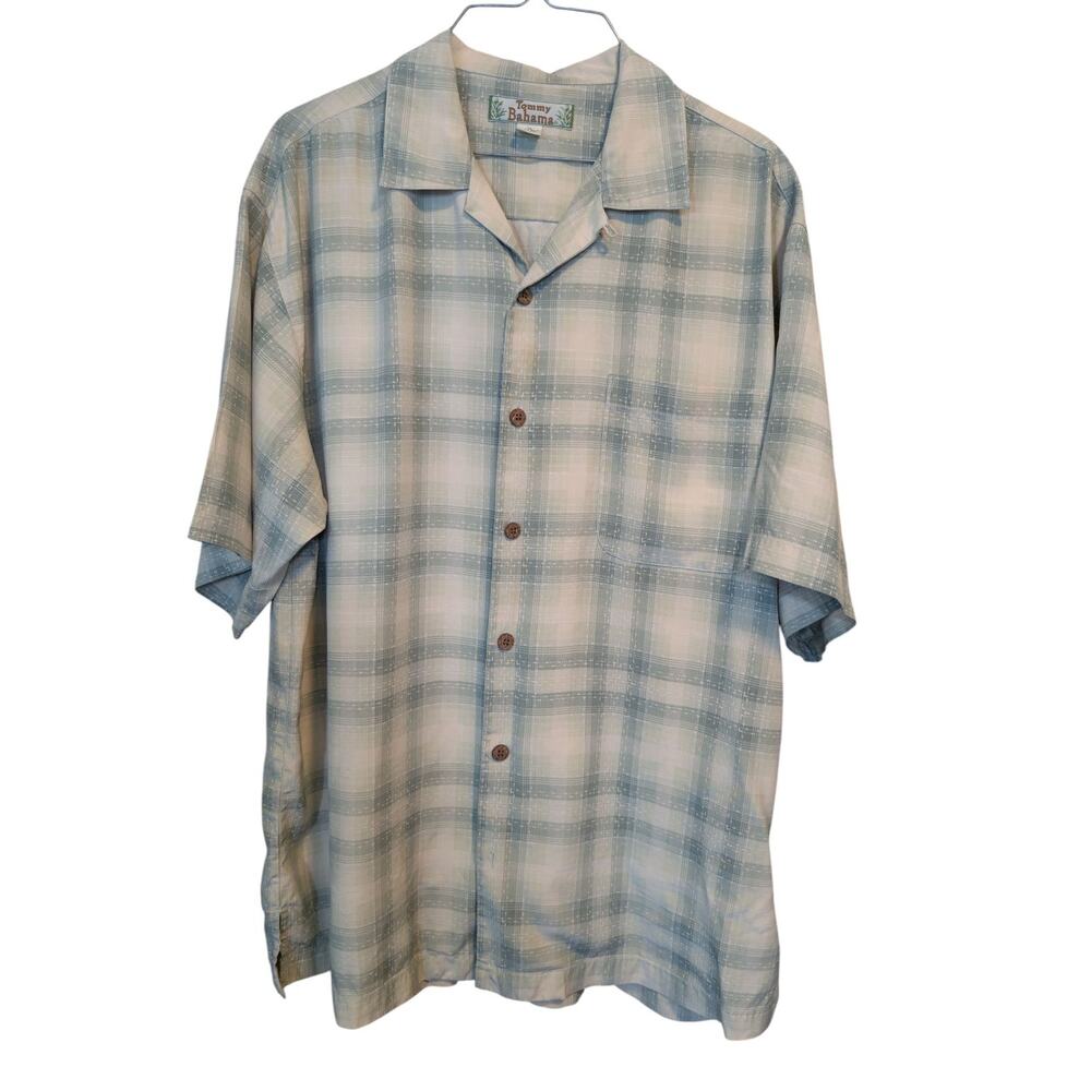 Tommy Bahama 100% Silk Yellow/Green Short Sleeve Button Down Shirt Top Men's MED